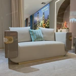 White & Brown Leather Sofa with Smooth Surface Craftsmanship, Natural Wood Veneer & Gold Stainless Steel Trim